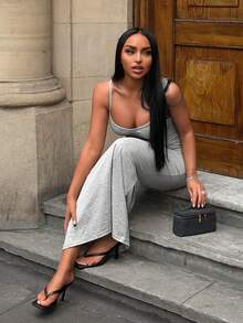 SHEIN SXY Women's Solid Color Pleated Elegant Sexy Bandage Casual Minimalist Party Going Out Golf Night Out Long Strap Dress Pastal Summer Gray - Grey - View 4