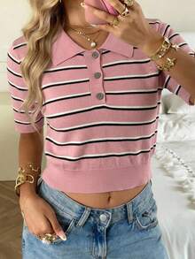 SHEIN EZwear Top de punto a rayas casual para mujer, estilo vintage americano, top de punto universitario americano - Multicolor - Ver 7