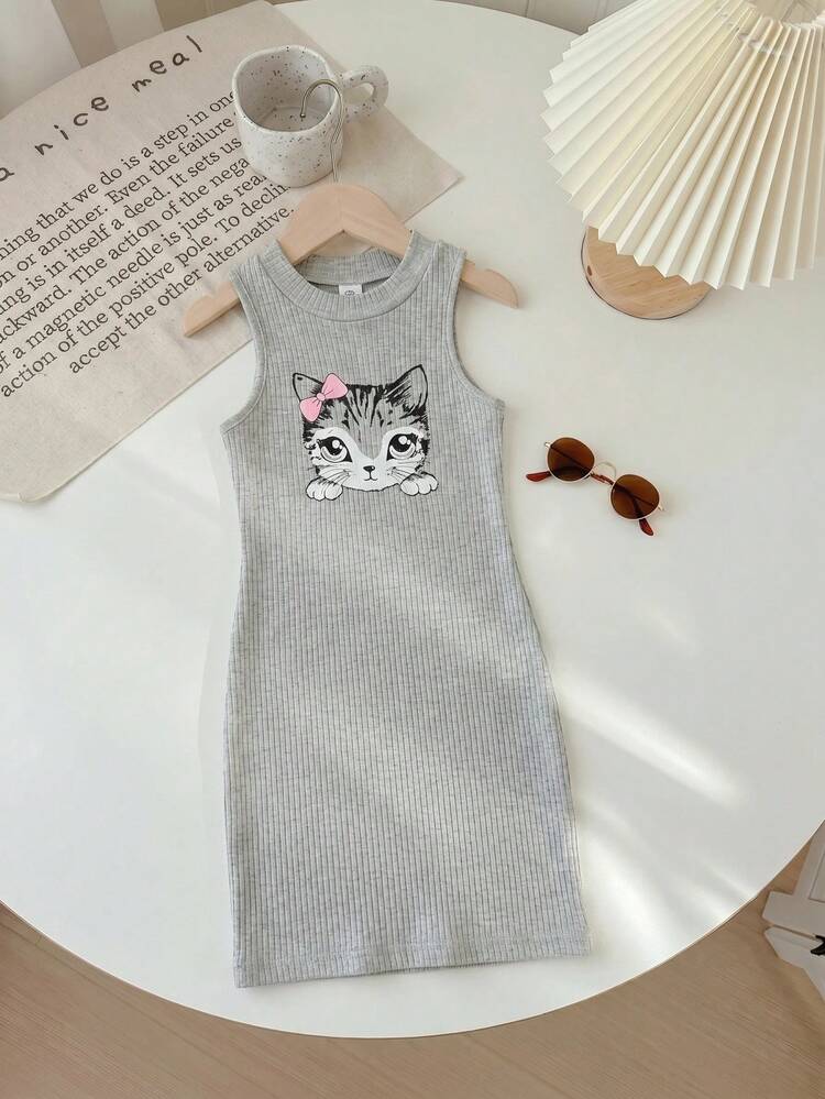 SHEIN LMoss Young Girl Lovely Cat Printed Sleeveless Casual Two Pieces Dress Set - Multicolor - View 2