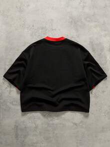ROMWE MEN Street Life Streetwear Men's Summer Casual Colorblock Round Neck Raglan Sleeve T-Shirt - Black - View 2