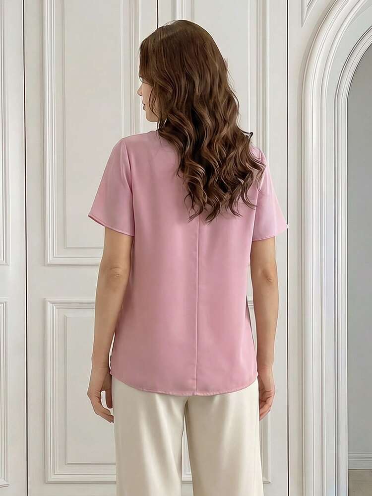 Women's Contrast Lace Ruffle Short Sleeve Asymmetric Hem Elegant Blouse,Summer Blouse,Pink Top