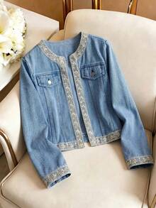 GlowEve Jaket Denim Kasual Wanita Lengan Panjang Bordir Bunga dengan Bukaan Depan - Biru - View 1