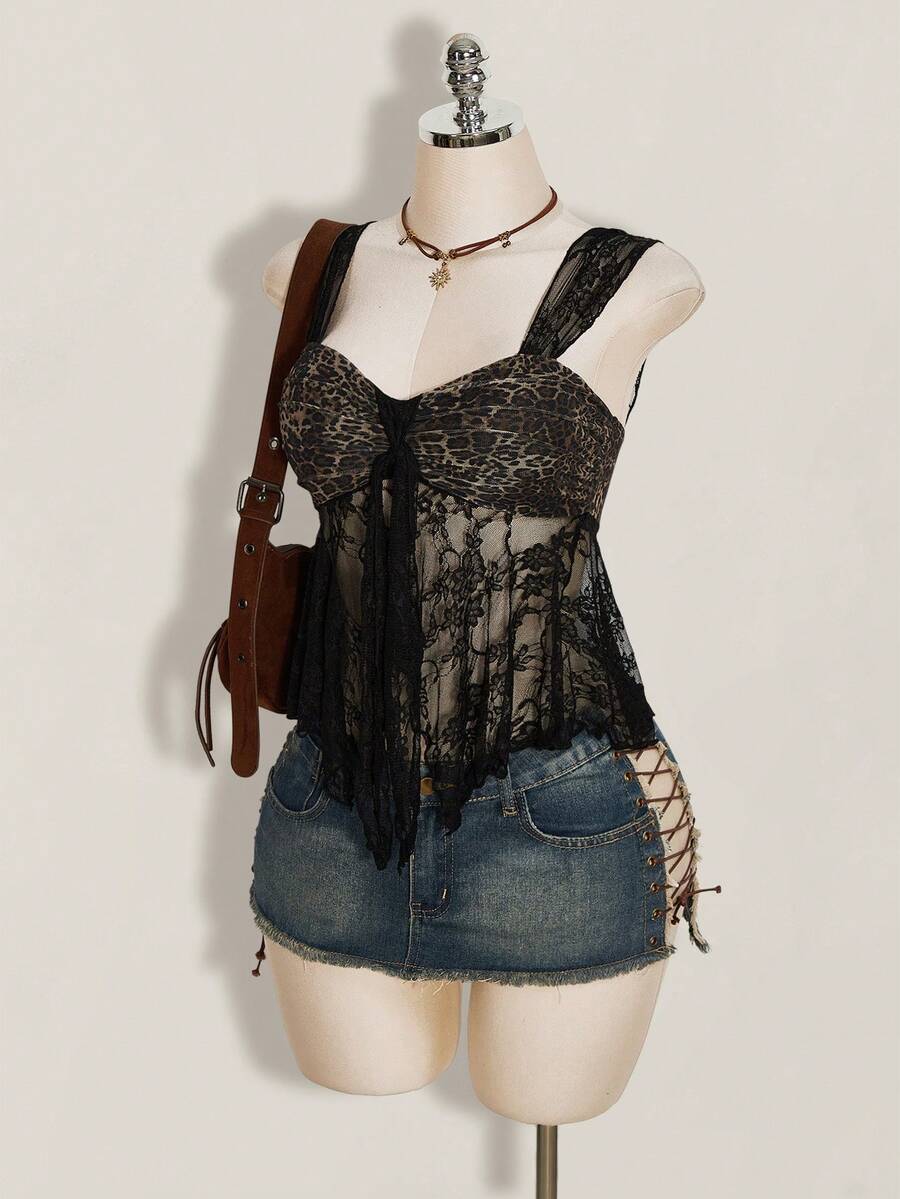 SHEIN ICON Women's Patchwork Leopard Print Lace Hem Fashion Tank Top - Multicolor - View 1