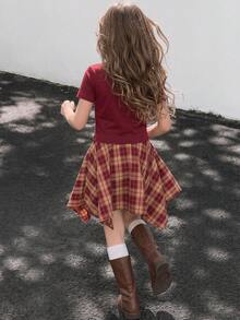 DAZY Tween Girl Round Neck Pullover Bow T-Shirt Top + Plaid Skirt Set Cute Tween Girls T-Shirt Set Summer - Burgundy - View 2