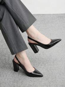 CUCCOO BIZCHIC 女鞋 女士高跟鞋 多色亮面漆皮尖头粗跟后跟带设计 通勤 职场 约会 宴会 百搭 舒适透气 四季皆宜 气质优雅露跟鞋 - 黑色 - 查看 4