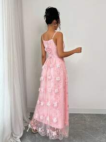 SHEIN Clasi Women's Elegant Pink Floral Summer Wedding Ninang Dress,Vintage Spaghetti Strap 3D Floral Embroidered Mesh Overlay A-Line Puffy Hem Reception Dress - Pink - View 2