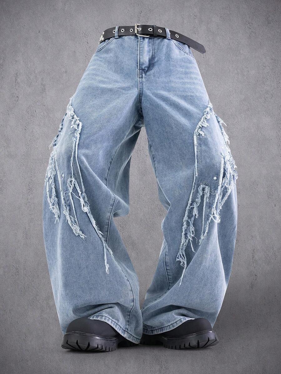 Manfinity Denimwave Quần jean ống rộng unisex phong cách streetwear phối patchwork, đính cánh, gấu sờn - Màu xanh lam - Xem 1