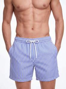 Manfinity KASUA Men Striped Print Drawstring Waist Swim Trunks - Blue and White - View 6