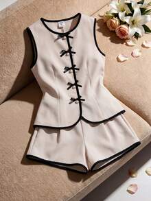 2pcs/Set Girls' Cute Greenandwhite Sleeveless Contrast Trim Open Front Vest Casual Shorts Set,3D Bow Faux Pearl Button Decor,Party Vacation Wear - Khaki - View 4