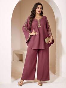 Veilorie Plus Size Women V-Neck Ruffle Splice Flare Sleeve Top And Wide Leg Pants Casual Daily 2 Pieces Set - Red - View 7