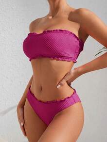 SHEIN Swim 女款夏季度假海灘純色紋理荷葉邊飾抹胸比基尼套裝 - 酒紅色 - 查看 4