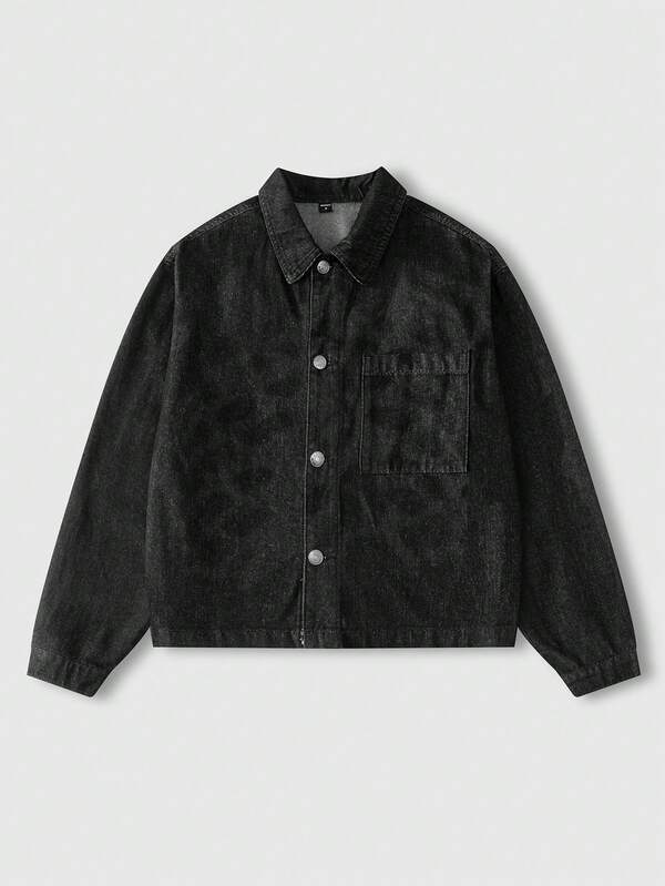 Manfinity EMRG Camisa de mezclilla negra desgastada y lavada con láser para hombre, otoño