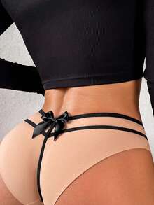 SHEIN Comfortable Sexy Bow Accent Solid Color G-String Panty For Women Bowknot - Black - View 1