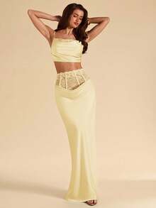 SHEIN BAE Spring/Summer Solid Golden Yellow Lace Patchwork Women's Twill Elegant Sexy Satin Mermaid Skirt Camisole Crop Top 2-Piece Set, Suitable For Party Date - Yellow - View 6