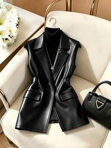 GlowEve Women's Solid Color Lapel NeckSingle-Breasted PU Leather Vest Jacket - Black - View 1