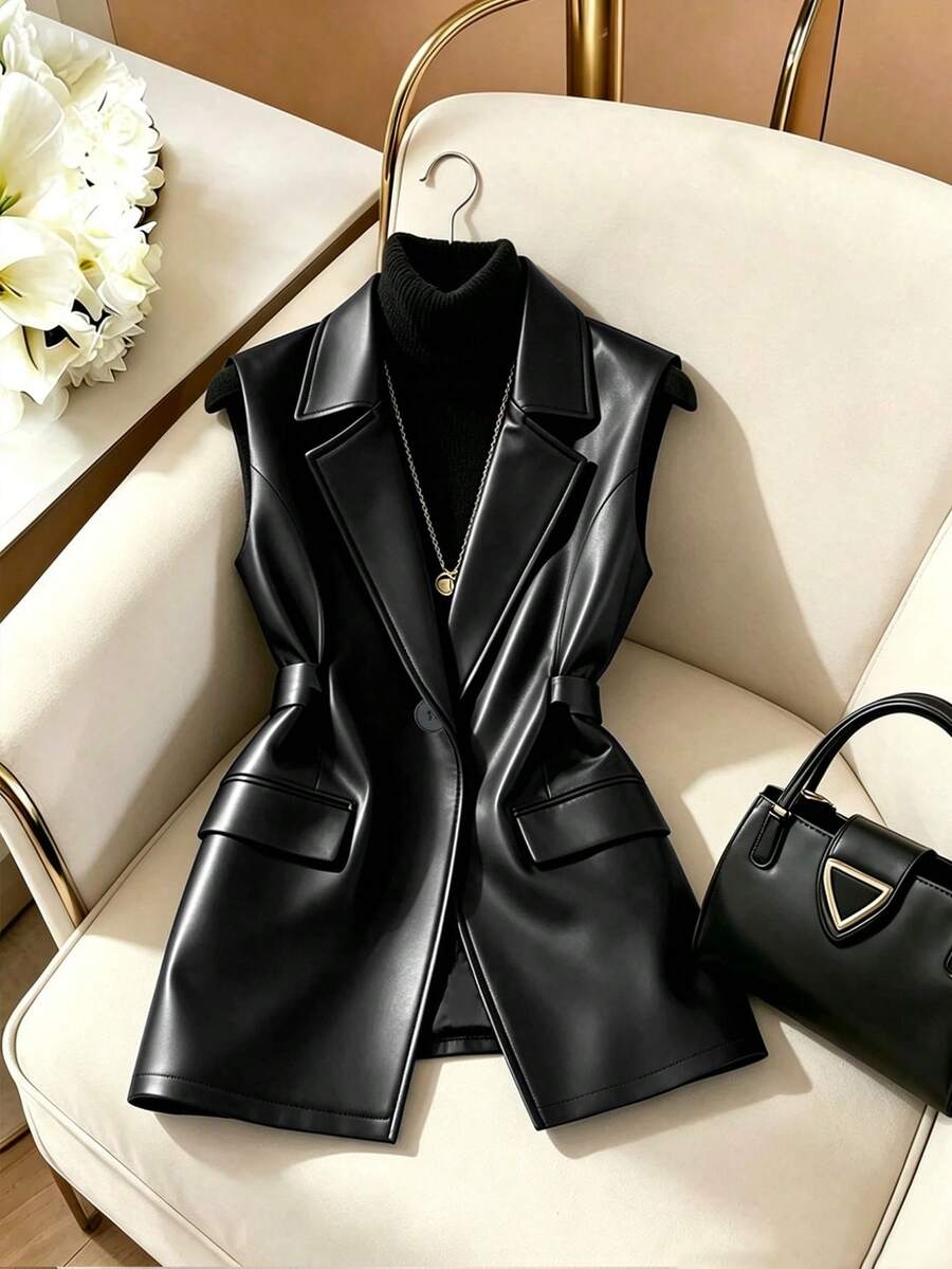GlowEve Women's Solid Color Lapel NeckSingle-Breasted PU Leather Vest Jacket - Black - View 1
