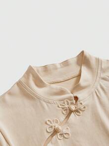 ROMWE Avant Distinctive Chinese Style Mandarin Collar Chinese Tiger Print Slim Fit Women Top - Apricot - View 3
