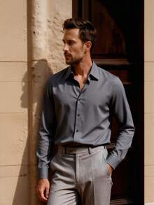 Officeau Men's Grey Shirt Formal Solid Color Long Sleeve Single-Breasted Dress Shirt Spring To Summer - Grey - View 6
