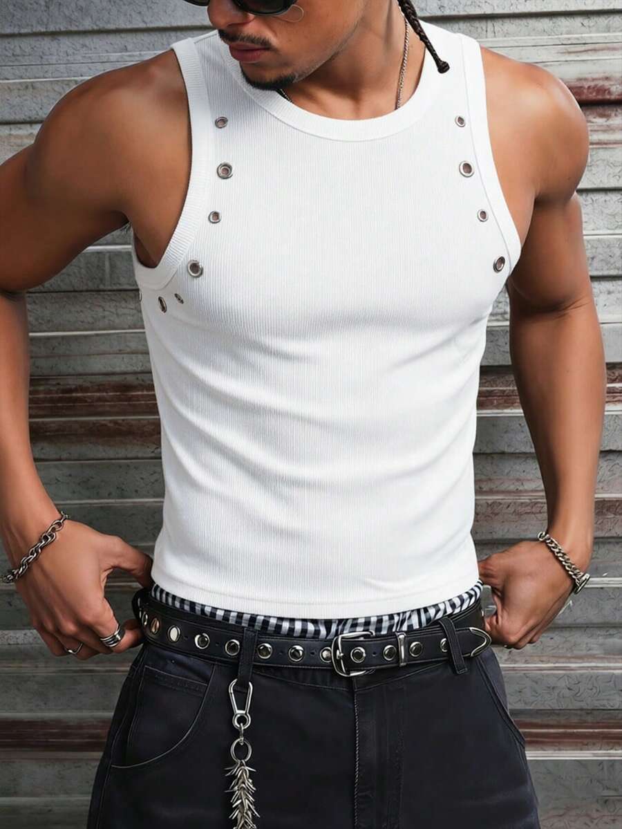 AXEPEAK Summer Men's Sleeveless Round Neck Solid Color Minimalist Knit Tank Top - White - View 1