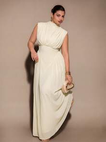 SHEIN BAE CURVE Plus Size Summer Elegant Solid Color Sleeveless Dress,Classy Cream Sleeveless High Neck Long Dress Pleated Detail Perfect For Evening Events - Apricot - View 5