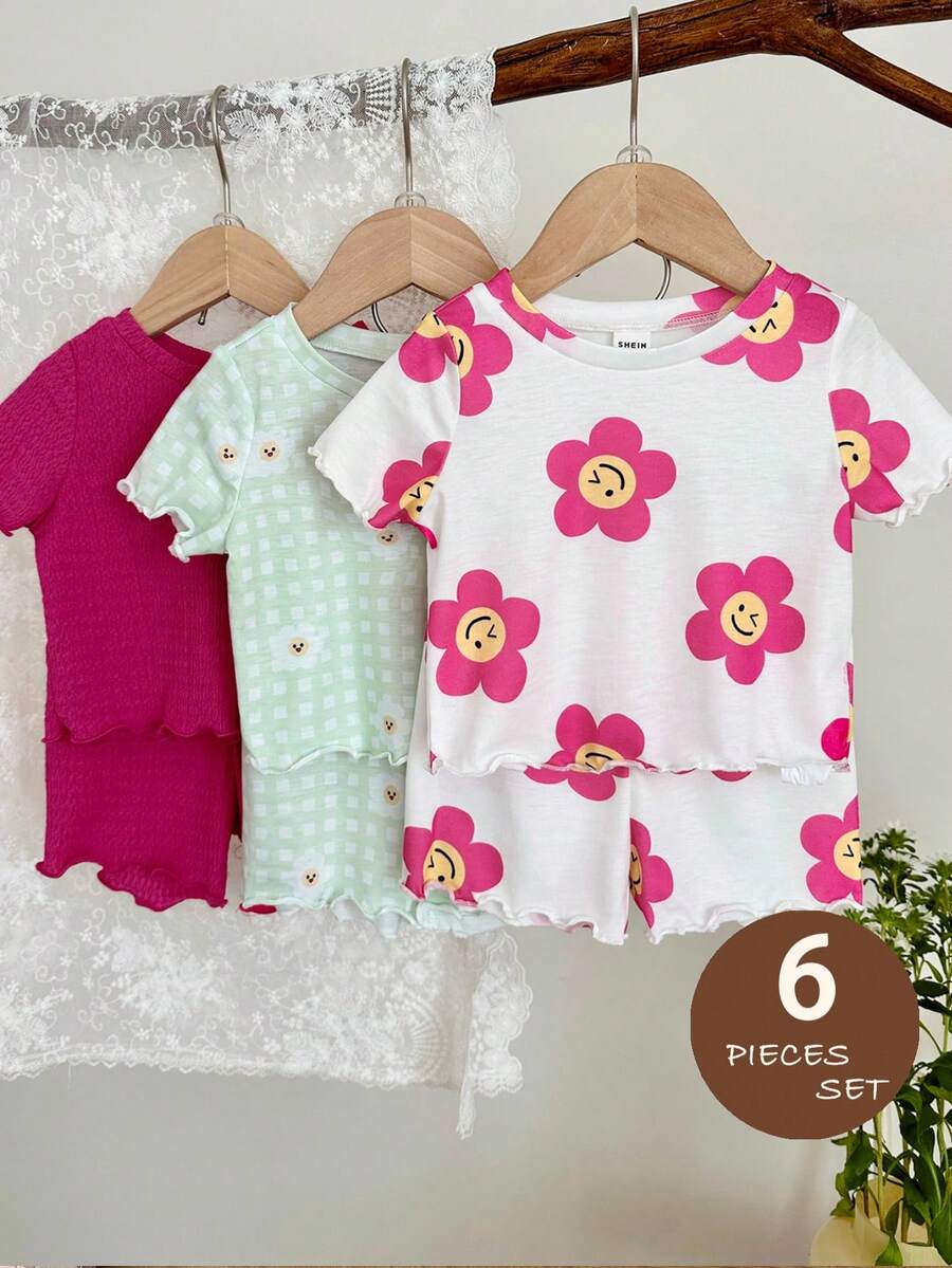 LMoss Kids 女嬰針織圓領休閒T恤與短褲6件套裝 - 彩色 - 查看 1