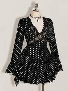 SHEIN ICON 女款大尺碼蕾絲拼接圓點圖案黑色洋裝 - 黑與白 - 查看 7