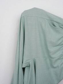 SHEIN EZwear 薄荷绿梭织刺绣纽扣长袖衬衫和斜插口袋长裤休闲套装 - 薄荷綠 - 查看 8