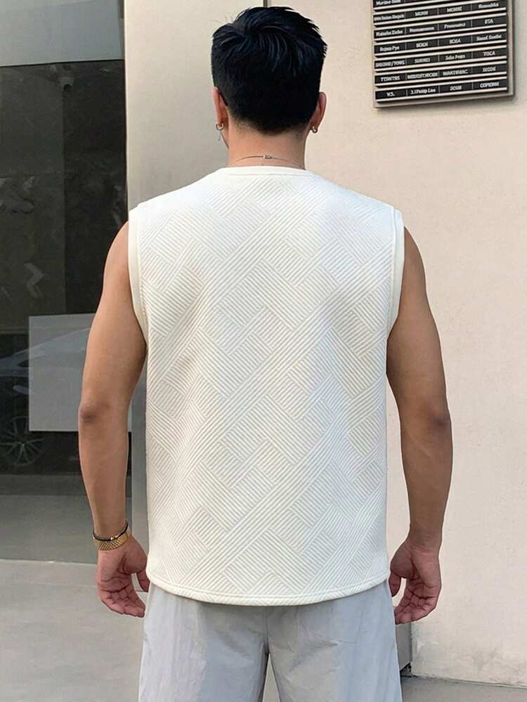 Beige Textured Fabric Slightly Loose Fit Men's Tank Top