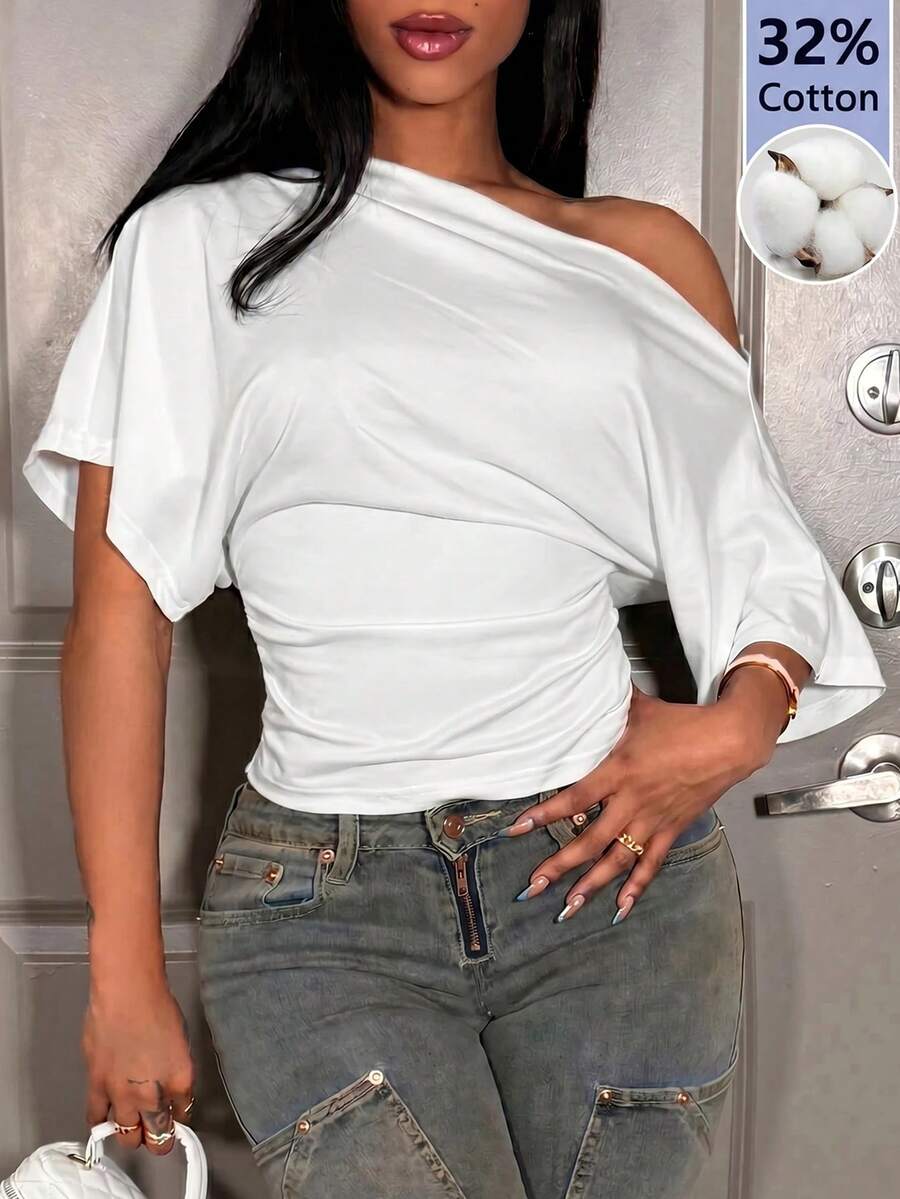 Slaydiva Camiseta blanca de manga corta con hombro asimétrico y cintura ceñida, con múltiples estilos para el verano, festivales de música, San Valentín, Pascua, uso casual, minimalista, básico, Y2K, estilo dulce, talla grande vendido, uso diario