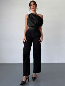 Firerie Women's Elegant Sexy Asymmetric Neck Top, Suitable For Valentine's Day And Summer Wear, New Arrival For Spring/Summer, Commute Going Out, Office - Black - View 5