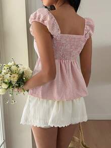Sunnyshic Camisa Casual de Férias Feminina com Busto Franzido, Estampa Xadrez e Bainha com Fenda Lateral - Rosa chiclete - Visão 2