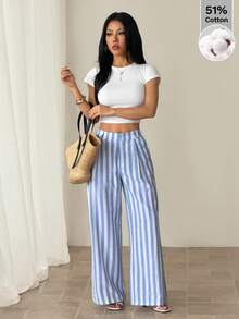 SHEIN PETITE Quần tây kẻ sọc nữ kiểu Hawaii, quần công sở nữ, quần tây công sở nữ, quần mặc nhà thoải mái cho nữ, bộ hai mảnh cho nữ, bộ đồ phối hợp cho nữ mùa thu/đông. - Màu xanh lam - Xem 1