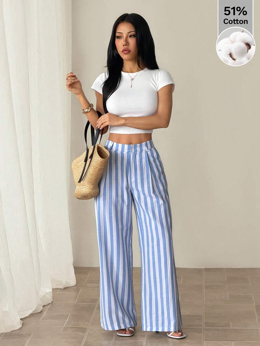 SHEIN PETITE Quần tây kẻ sọc nữ kiểu Hawaii, quần công sở nữ, quần tây công sở nữ, quần mặc nhà thoải mái cho nữ, bộ hai mảnh cho nữ, bộ đồ phối hợp cho nữ mùa thu/đông. - Màu xanh lam - Xem 1