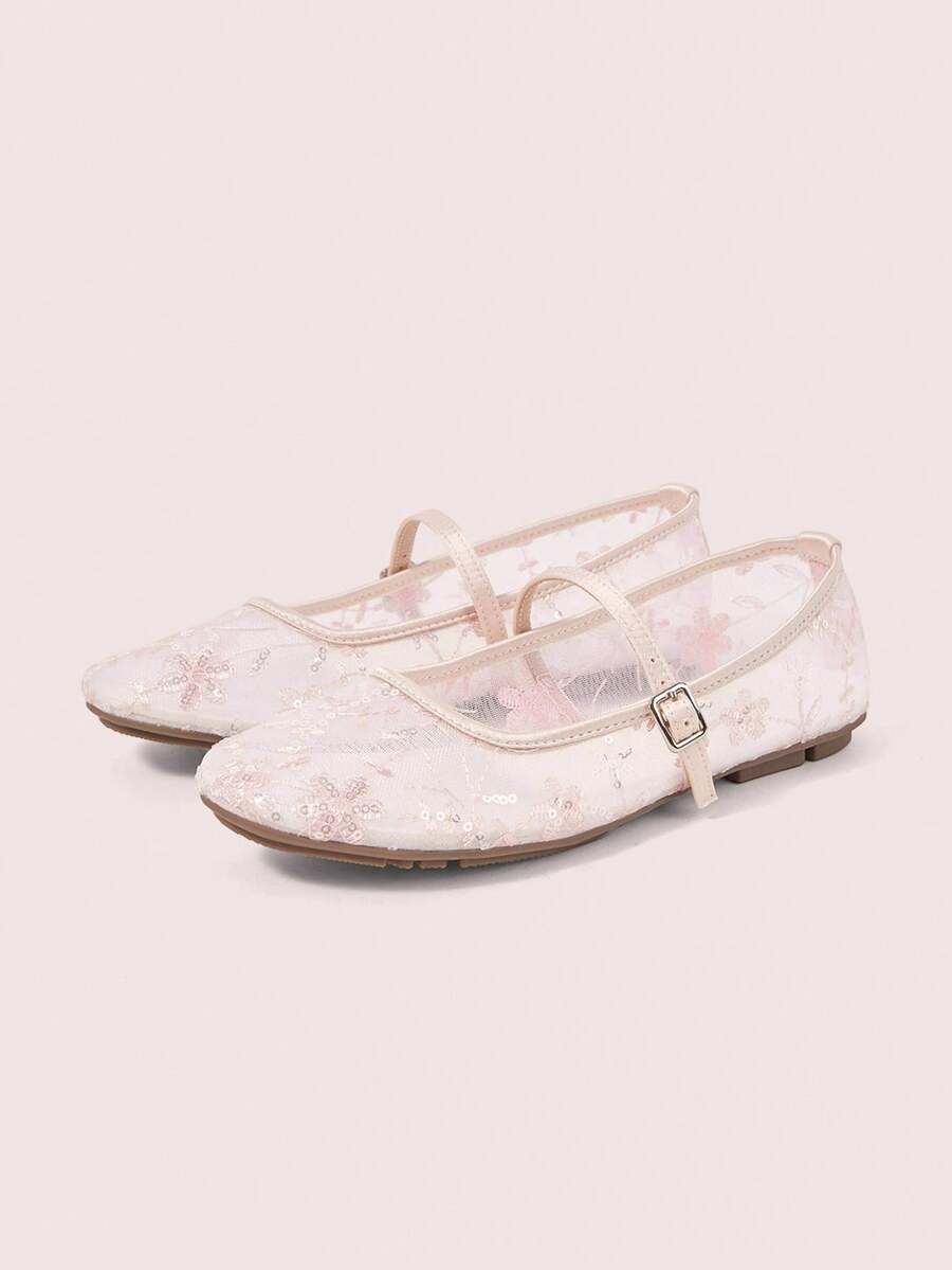 CUCCOO DOLLMOD Women's Shoes, Cute Round Toe Light Pink, Flower Sequin Embroidered Mesh Upper, Metal Buckle Strap Flats, Mary Jane - Osmanthus-pink - View 1