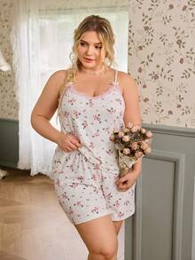 CottageSlumber Plus Size Women's Pajama Set,Pink Summer Night Jacquard Knit Fabric,Ditsy Floral Patchwork Lace Trim Bowknot Pastoral Sweet Camisole And Shorts Set - White - View 6