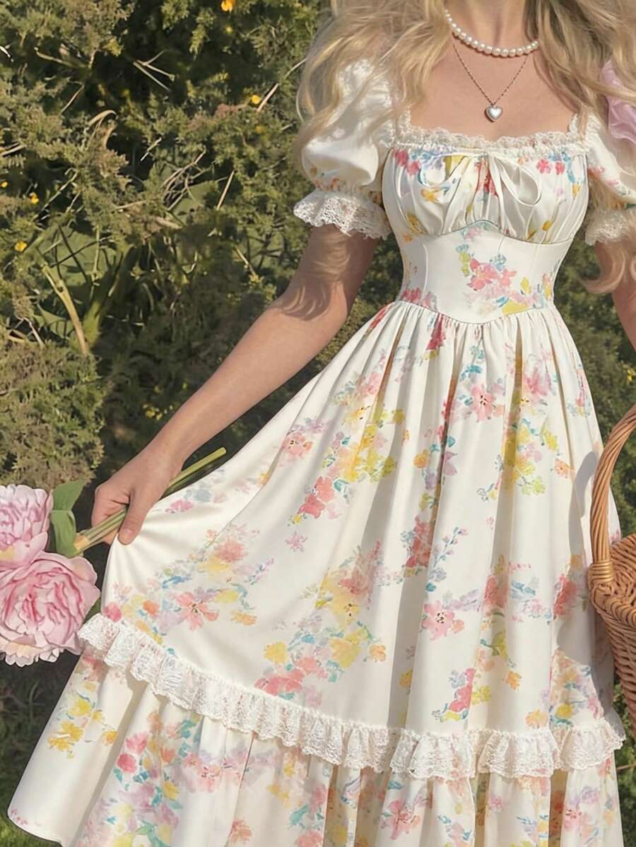 Skyraze Ivory Pastel Floral Puff‑Sleeve Corset Maxi Dress With Lace Trim - Square/Sweetheart Neck Bodice, Boned Waist & Full Gathered Skirt, Romantic Vintage‑Inspired Wedding Guest & Garden Party Gown - Multicolor - View 1