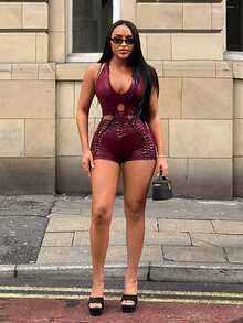 SHEIN SXY Rückenfreier Halter-Unitard-Jumpsuit mit Cut-Outs - Bordeaux - Übersicht 6