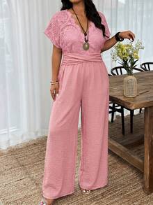 Weeklong Plus Size Women's Spring/Summer Lace Patchwork Nude Base Layer Long Sleeve Cinched Waist Casual Vacation Jumpsuit - Pink - View 5