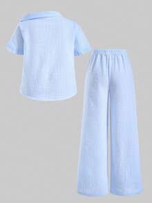 SHEIN 2件/套 青少年女孩夏季新款休閒編織條紋 2合1 短袖寬鬆襯衫與極簡條紋收腰寬鬆直筒長褲，日常出遊度假休閒套裝 - 藍色 - 查看 2