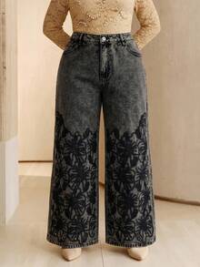 Anewsta Plus Size Women's Spring Valentine's Day High-Waist Fashion Embroidered Hollow-Out Loose Wide-Leg Denim Jeans - Black - View 6