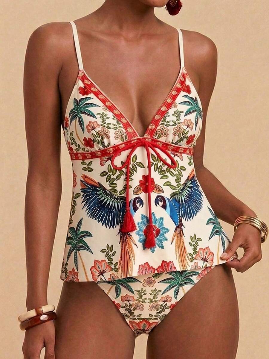 Travachic 女款夏季海灘度假鸚鵡與花卉印花流蘇綁帶分體式比基尼泳衣 - 彩色 - 查看 1