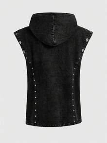 ROMWE MEN Grunge Punk Men's Batwing Sleeve Eyelet Zipper Placket Hooded Denim Vest - Black - View 11