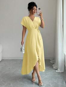Modelyn 女款素色休閒度假繫腰春夏季中長洋裝 - 黃色 - 查看 7