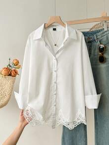 Comfortcana Elegant Women's Spring/Summer Breathable Lightweight White Button Down Blouse Versatile Crochet Lace Hem Long Sleeve Shirt For Office & Date - White - View 1