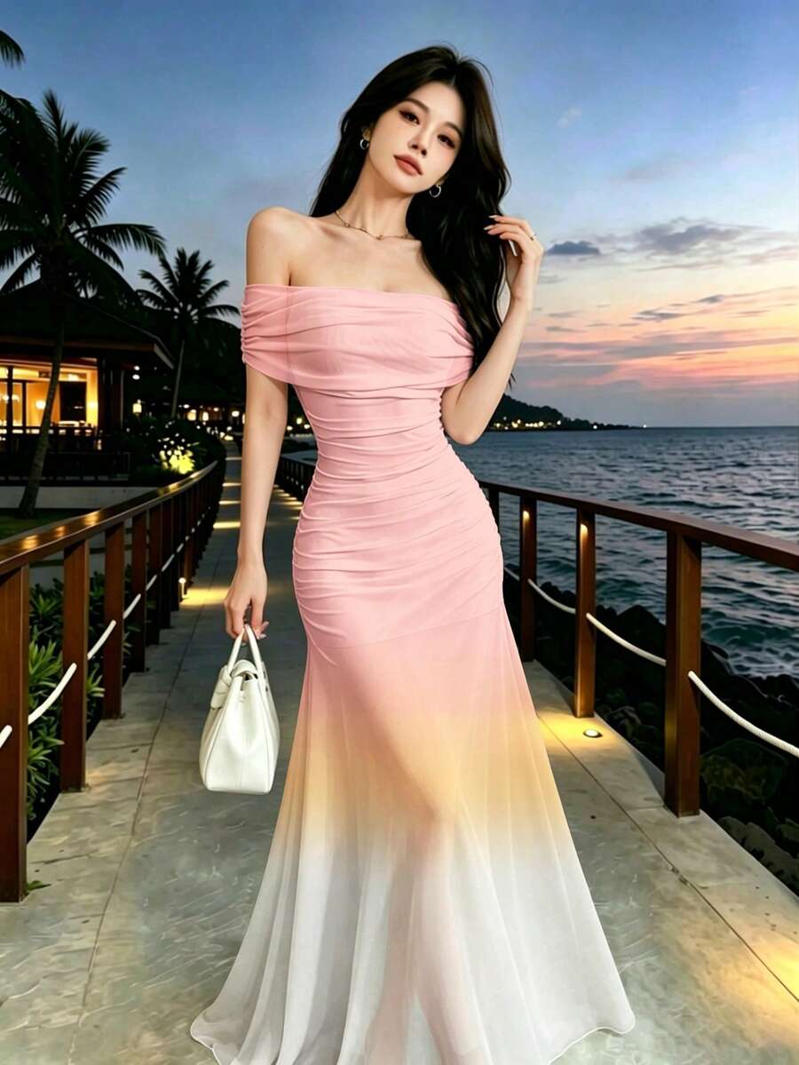 Modelyn 粉色、黃色、紫色漸層復古金色紋理黑色性感露肩百褶洋裝,女款露肩收腰長款美人魚設計禮服,漸層圖案優雅雪紡洋裝,夏季度假風 - 彩色 - 查看 1