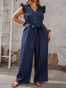 Modelyn CURVE Plus Size Women's Navy Blue Denim Jumpsuit,V-Neck Ruffle Sleeve Belted Wide Leg Overalls,Summer Smart Casual Everyday Minimalist Button Down Romper - Blue - View 4