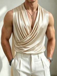 Manfinity Dauomo Men's Sexy Solid Color Cowl Neck Pleated Draped Ribbon Versatile Top - Champagne - View 2