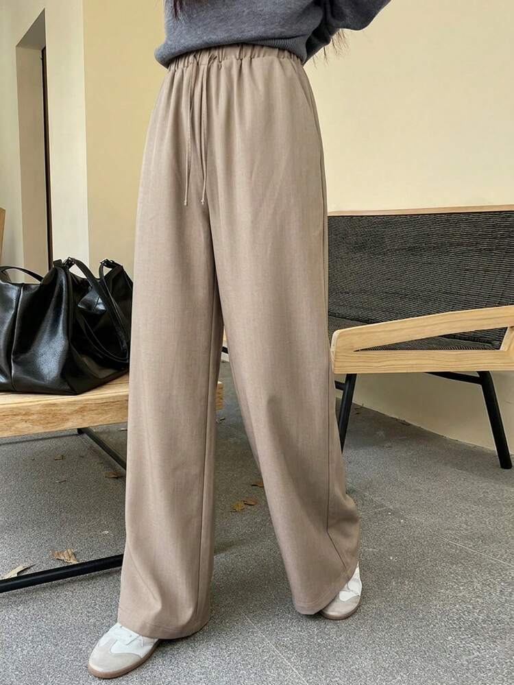 Women's Casual Loose Wide Leg Pants, Drawstring Elastic Waist, Spring/Summer Sports Solid Color