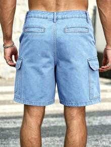 Manfinity Homme Celana Pendek Denim Pria Kasual Longgar Serbaguna dengan Kantong Kargo - Biru - View 2