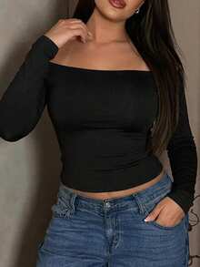 Dazy Plus Plus Size Women's Solid Color Off-Shoulder Ruched Fitted Casual T-Shirt - Black - View 2